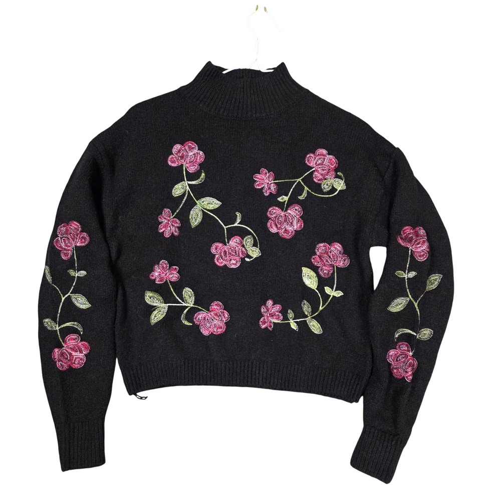 ALYA Girls Turtleneck Sweater Black Floral‎ Embroidery Size Small